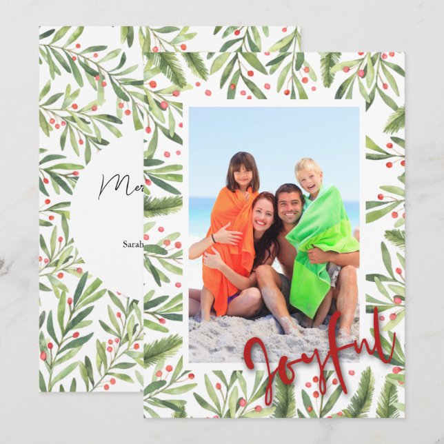 Cartão De Festividades Holly e Berries Feliz Foto de Natal (Frente/Verso)