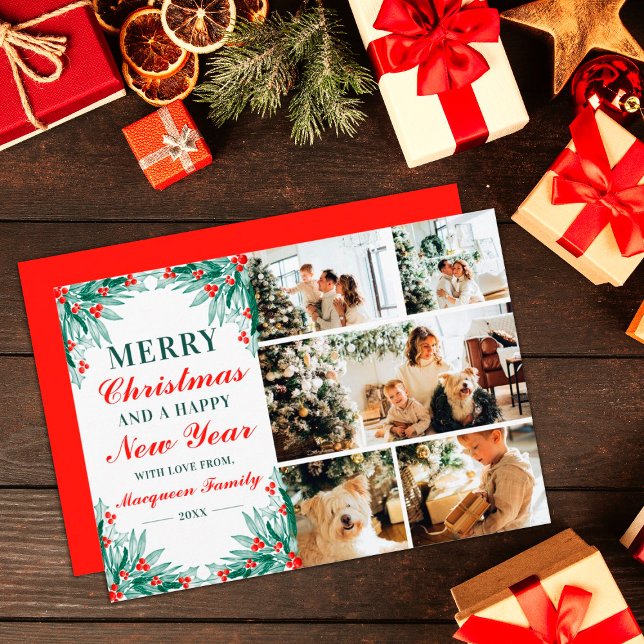 Cartão De Festividades Holly Ivy Deixa o Natal da Colagem de Fotos da Fam (Criador carregado)
