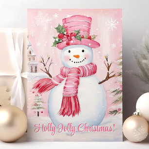 Cartão De Festividades Holly Jolly Christmas Cute Pink Snowman