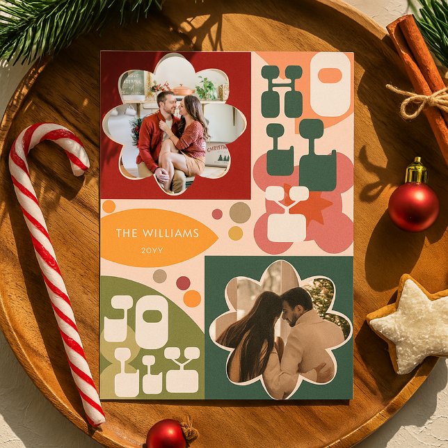 Cartão De Festividades Holly Jolly Retro Geométrico Natal Foto Floral (Criador carregado)