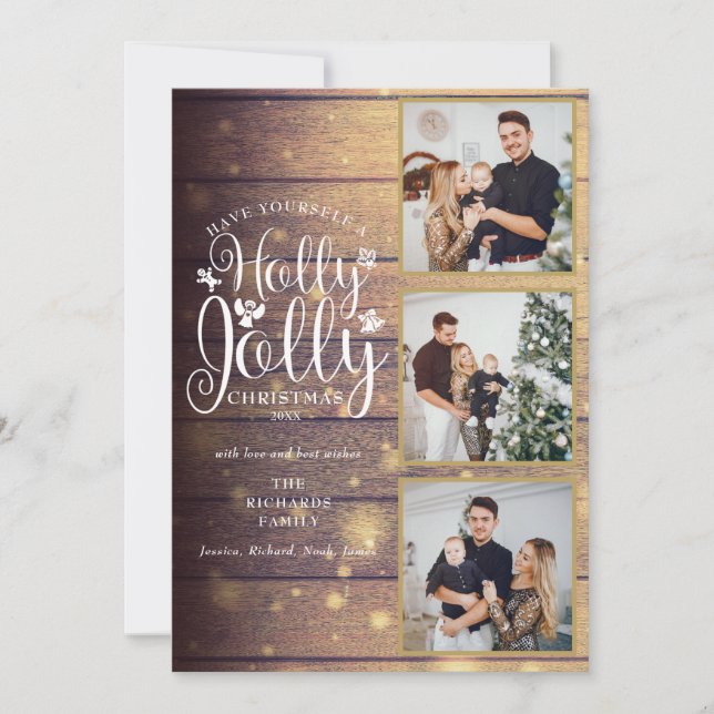 Cartão De Festividades Holly Jolly Rustic Madeira 3 Colagem de Fotos (Frente)
