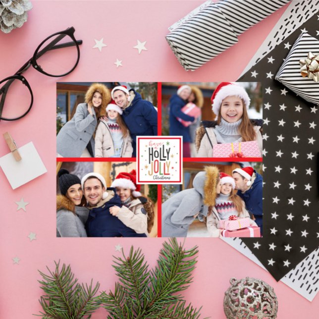 Cartão De Festividades Holly Jolly xadrez de Natal (adicione suas fotos) (Criador carregado)