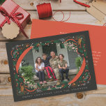 Cartão De Festividades Holly Mistletoe Foto de Natal Ilustrada<br><div class="desc">Quadro oval original ilustrado por Becky Nimoy com Holly,  Mistura,  zimbro,  cones de pínus; editor de cheios aberto para mudar a cor da camada de forma de fundo</div>