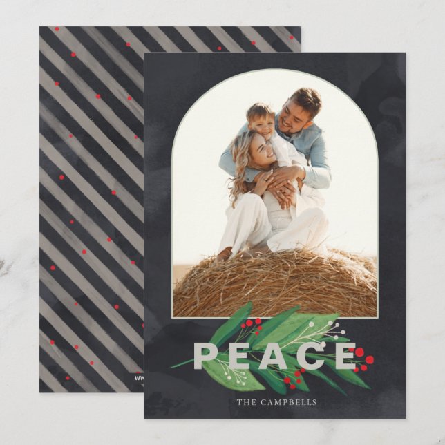 Cartão De Festividades Holly Modern Arch Marinho Stripes Foto Personaliza (Frente/Verso)