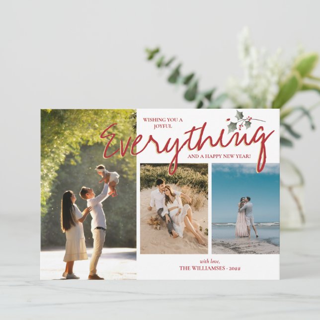 Cartão De Festividades Holly Moderna 3 Fotos Vermelho Verde Elegante Nova (Em pé/Frente)