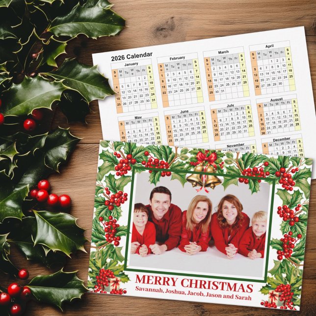 Cartão De Festividades Holly sai e Berries Calendário Personalizado de Fo (Criador carregado)