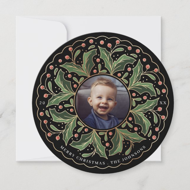 Cartão De Festividades Holly sai e Berries circulam fotos (Frente)