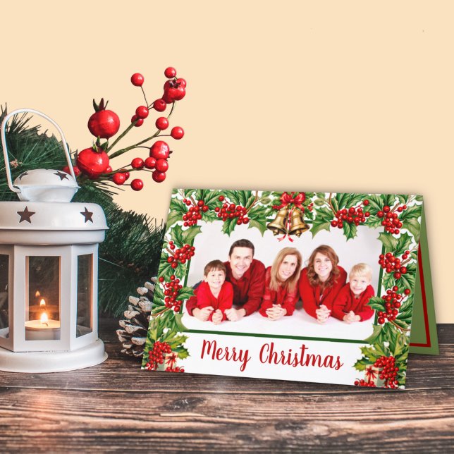 Cartão De Festividades Holly Sai e Berries Feliz Foto de Natal (Criador carregado)