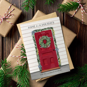 Cartão De Festividades Home For The Holidays Red Watercolor Front Door