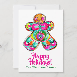 Cartão De Festividades Homem de Biscoito Feliz Férias Boho Fofo Rosa