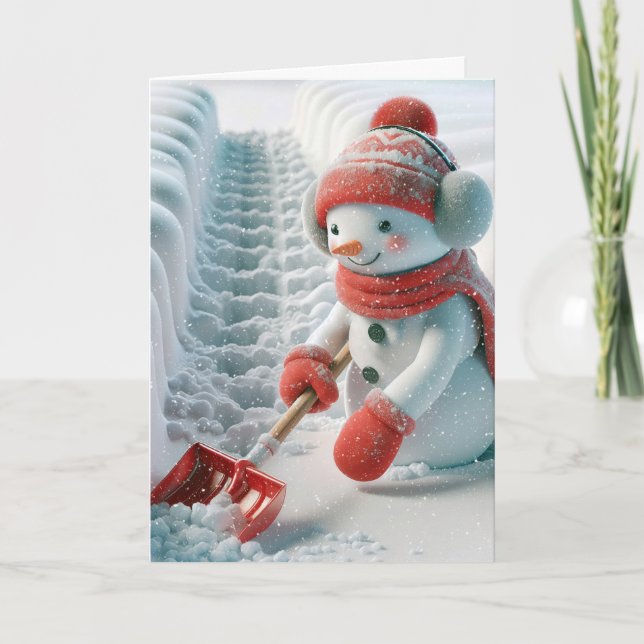 Cartão De Festividades Homem de Neve Natal Com Tiro Vermelho (Frente)