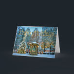 Cartão De Festividades Hope Love Light Holiday Card<br><div class="desc">Este cartão festivo apresenta uma menorah,  árvore de Natal,  gazebo e luzes de férias aquecidas colocadas dentro de uma romântica,  cidade grande da Terra do Inverno. A mensagem interior diz "Desejos mais quentes para uma temporada de férias cheios de esperança,  amor e luz."</div>