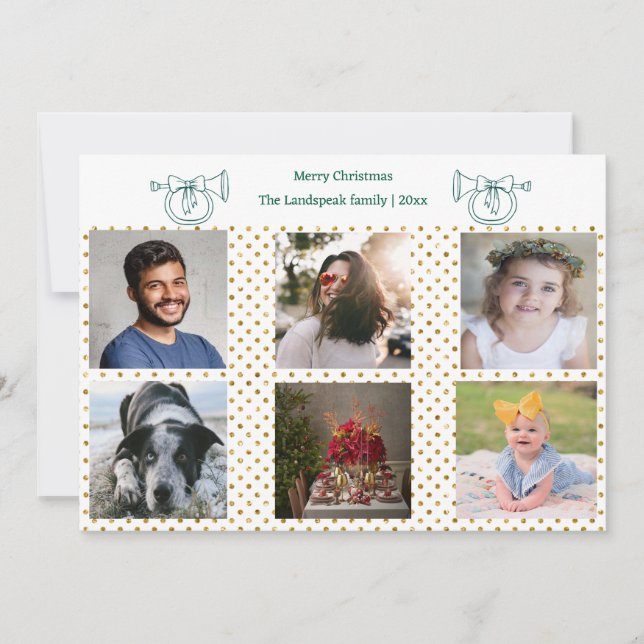 Cartão De Festividades Horn Dourado Confetti e 6 Fotografias de Natal em  (Frente)