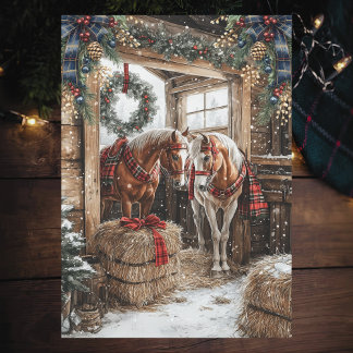 Cartão De Festividades Horses Plaid Country Christmas Winter Barn Scene