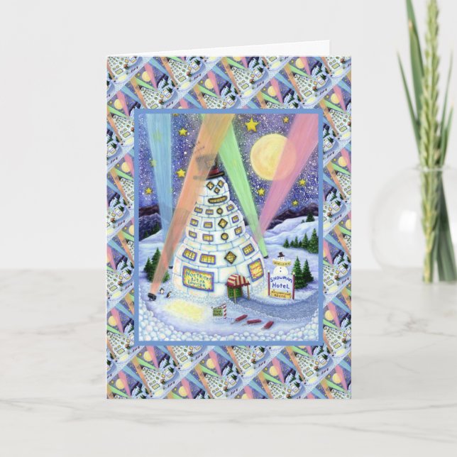 CARTÃO DE FESTIVIDADES HOTEL SNOWMAN ENGRAÇADO, LUZES DE NORTE E PINGUINS (Frente)