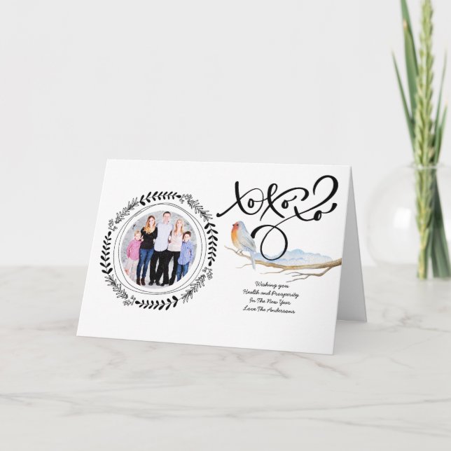 Cartão De Festividades HUGS n KISSES PHOTO Xmas Card Modern Robin (Frente)