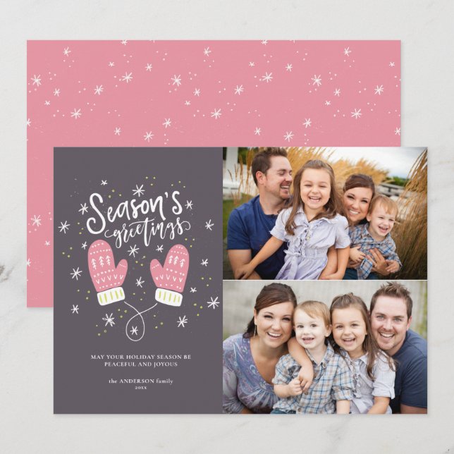 Cartão De Festividades Hygge Mittens 2 Photo Christmas Holiday Flat Card (Frente/Verso)