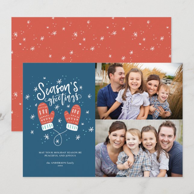 Cartão De Festividades Hygge Mittens 2 Photo Christmas Holiday Flat Card (Frente/Verso)