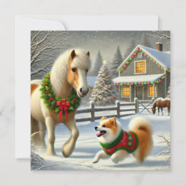 Cartão De Festividades Icelandic Horse and Dog Christmas Card