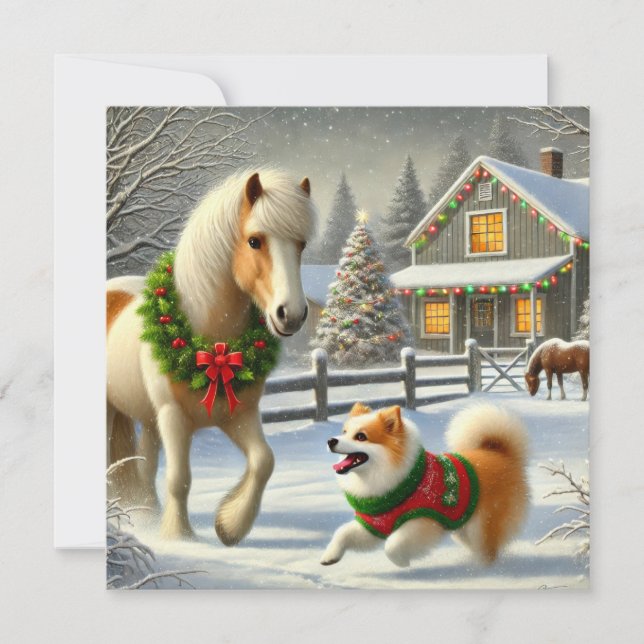 Cartão De Festividades Icelandic Horse and Dog Christmas Card (Frente)