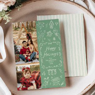Cartão De Festividades Ícones brancos desenhados à mão verde Natal 2 Foto