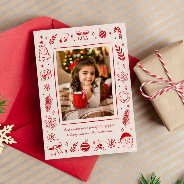 Cartão De Festividades Ícones de Natal Vermelhos Que Desenham A Mão (quirky hand drawn Christmas icons photo card)