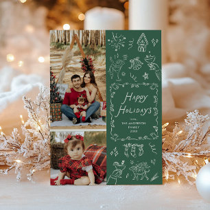 Cartão De Festividades Ícones Verdes Escuros Desenhados na Mão Feliz Feri