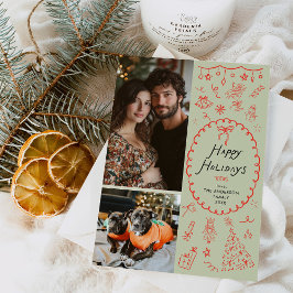 Cartão De Festividades Ícones Verdes Vermelhos Brancos Desenhados à Mão 2