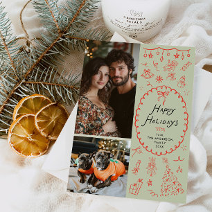 Cartão De Festividades Ícones Verdes Vermelhos Brancos Desenhados à Mão 2