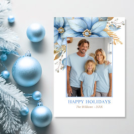 Cartão De Festividades Icy Blue Dourada Poinsettia Flower FOTO DE Natal