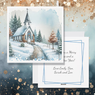 Cartão De Festividades Igreja em um Dia de Inverno   Natal em Aquarela