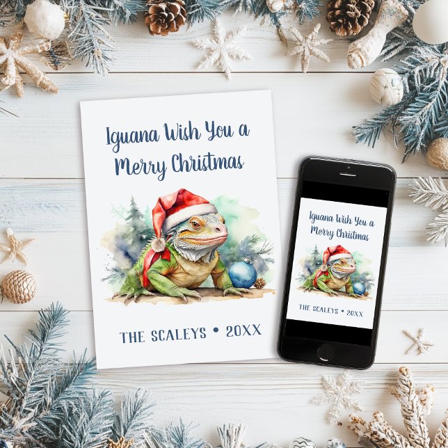 Cartão De Festividades Iguana quer um Feliz Natal (Iguana Wish you a Merry Christmas greeting card mockup
)