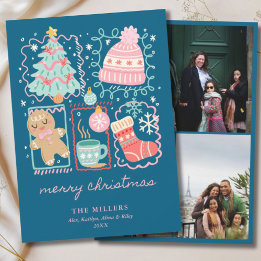 Cartão De Festividades Illustrated Doodle Blue Xmas Gingerbread 3 Photo