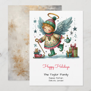 Cartão De Festividades Ilustração de Anjo Caprichoso de Patins no Gelo Ve