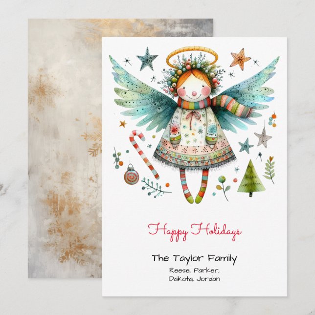 Cartão De Festividades Ilustração de Anjo Caprichoso Feliz Natal (Frente/Verso)