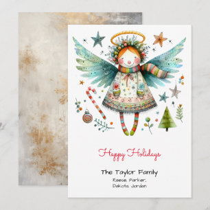Cartão De Festividades Ilustração de Anjo Caprichoso Feliz Natal Vermelho