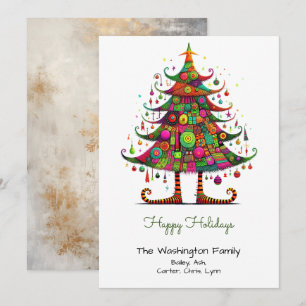 Cartão De Festividades Ilustração de árvore de Natal maluca verde feliz