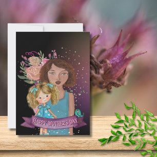 Cartão De Festividades Ilustração de Mãe e Filha com Flores