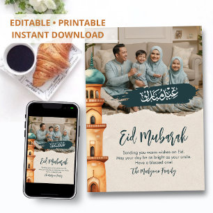 Cartão De Festividades Ilustração de Mesquita em Aquarela Família Foto Ei