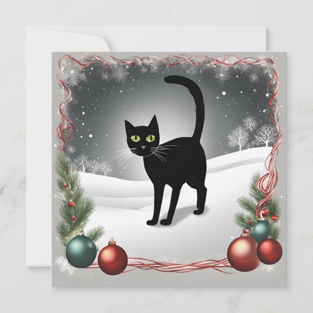Cartão De Festividades Ilustração de Natal de Gato Preto Fofo  (Frente)