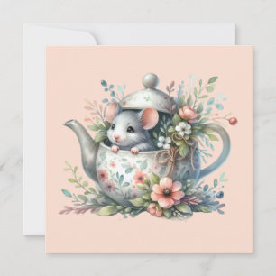 Cartão De Festividades Ilustração de Rato Fofo em Bule de Chá Floral