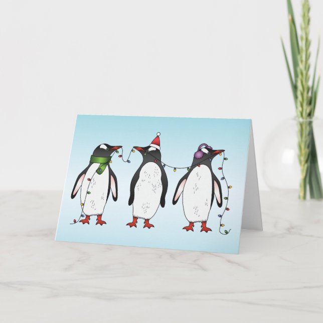 Cartão De Festividades Ilustração de Três Pinguins de Natal Festivos (Frente)