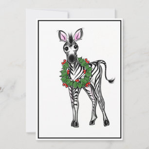 Cartão De Festividades Ilustração de Zebra Festiva Foliday, Holly Wreath