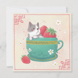 Cartão De Festividades Ilustração do Bulldog Francês, Morangos e Taça