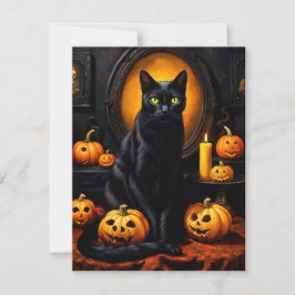 Cartão De Festividades Ilustração do Dia das Bruxas com um gato e abóbora