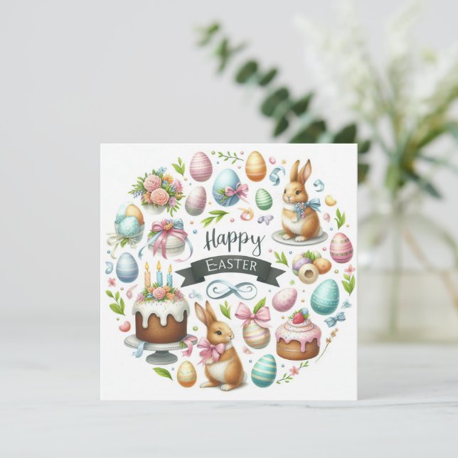 Cartão De Festividades Ilustração Floral Pastel Easter Bunny (Em pé/Frente)