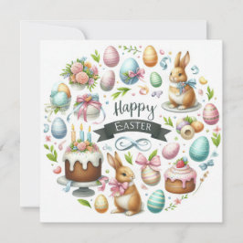 Cartão De Festividades Ilustração Floral Pastel Easter Bunny