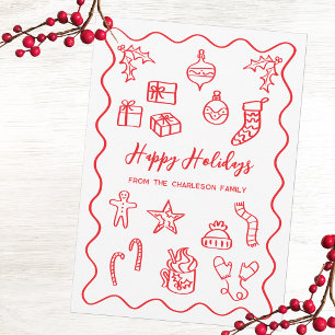 Cartão De Festividades Ilustração Moderna de Rabiscos e Doodles Vermelho