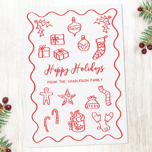 Cartão De Festividades Ilustração Moderna de Rabiscos e Doodles Vermelho 