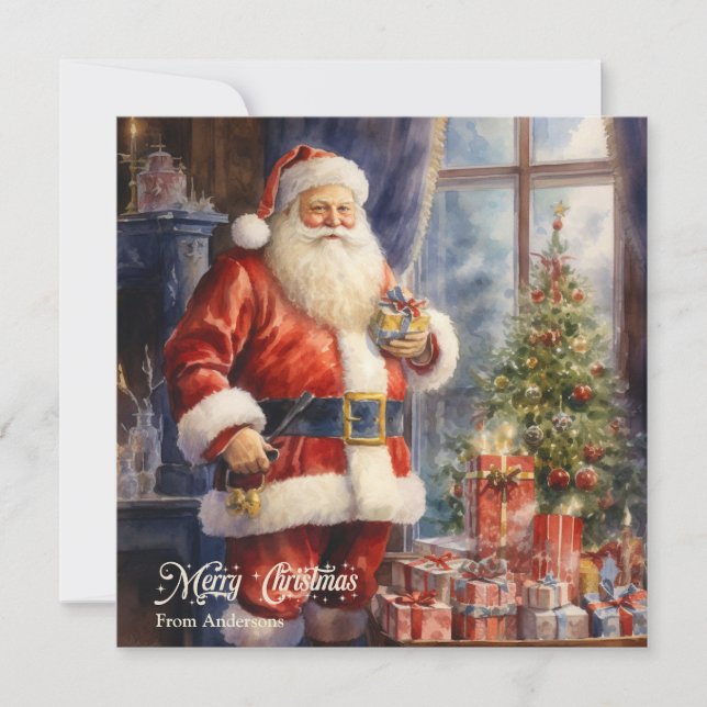 Cartão De Festividades Ilustração retrô Papai Noel com presentes (Frente)